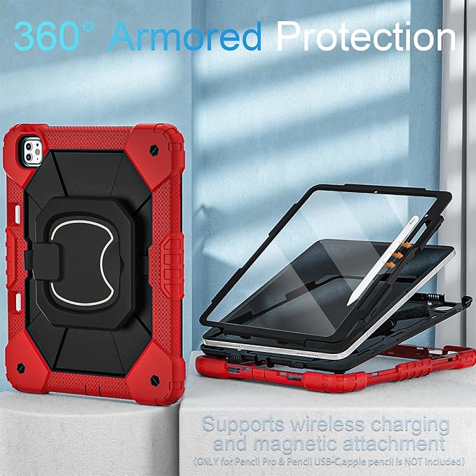 WESOROL for iPad Pro 13 Inch Case M5 2025/M4 (2024 Model7th Gen) with Screen Protector/360° Rotating Stand/Pencil Holder/Shoulder StrapMilitary Grade Shockproof iPad Case 13 Inch Pro M5/M4Red Black
