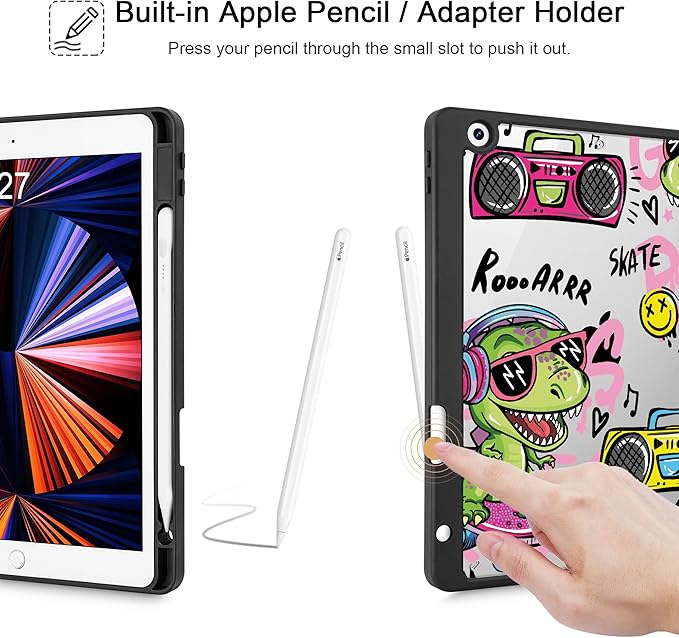 Mektron Printed Case for iPad 10.2 Inch 2021/2020/2019 for iPad 9th/8th/7th Generation Case Buit in Pencil Holder with Shockproof Cover Clear Shell + Trifold Stand + Auto Wake/Sleep Cool Dinosaur