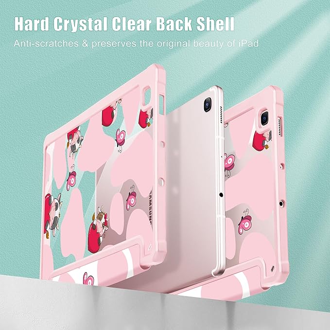 Mektron Case for Samsung Galaxy Tab S6 Lite 10.4 Inch 2024/2022/2020 with S Pen Holder Multi-Angle Viewing with Shockproof Cover Clear Shell + Trifold Stand + Auto Wake/Sleep Butterfly Cow
