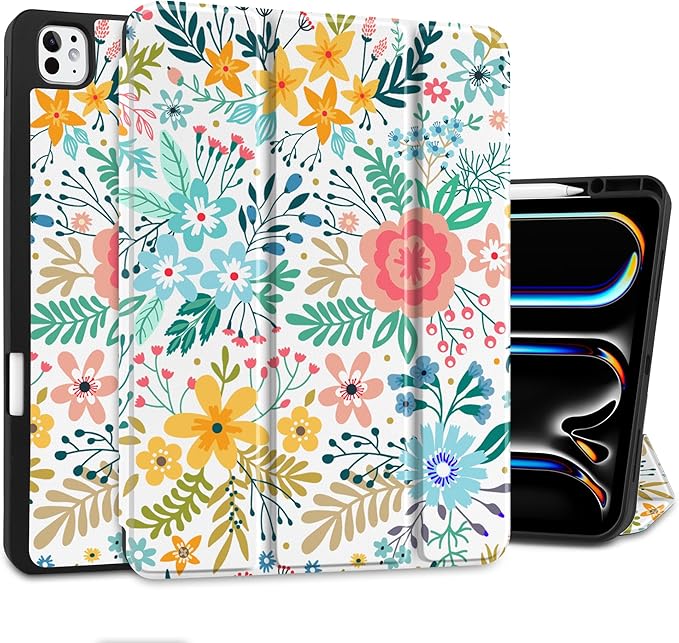 DONGKE Case for iPad Pro 13 inch (M5 2025 / M4 2024) – [Built-in Pencil Holder] Ultra Slim PU Leather Trifold Stand Cover with Soft TPU Back Auto Wake/Sleep - Flower