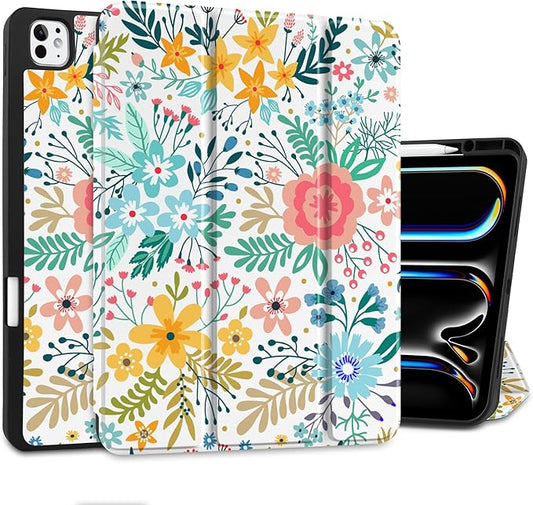 DONGKE Case for iPad Pro 13 inch (M5 2025 / M4 2024) – [Built-in Pencil Holder] Ultra Slim PU Leather Trifold Stand Cover with Soft TPU Back Auto Wake/Sleep - Flower