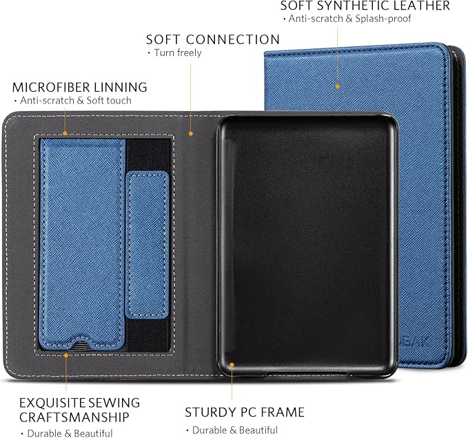 CoBak Case for 6 E-Reader - PU Leather Smart Cover with Auto Sleep/Wake &amp Hand Strap not Compatible with Kobo Clara Dark Blue