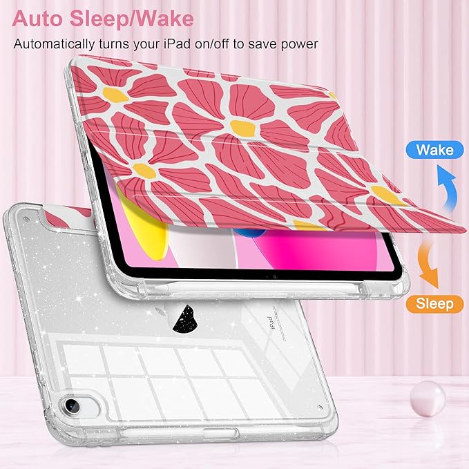 MEEgoodo Case for iPad A16 11th Generation 2025/10th Generation 2022 Glitter Tablet Cases with Transparent Acrylic Back+Trifold Stand +Pencil Holder+Auto Wake/SleepPrint with Flowers