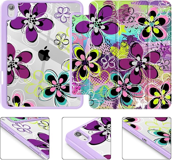 for Slim Case for iPad mini 7 (A17 Pro 7th Generation) 2024 / iPad mini 6 (6th Gen) 8.3 Inch [Built-in Pencil Holder] Clear Back Shell + Auto Wake/Sleep Abstract Floral SD163