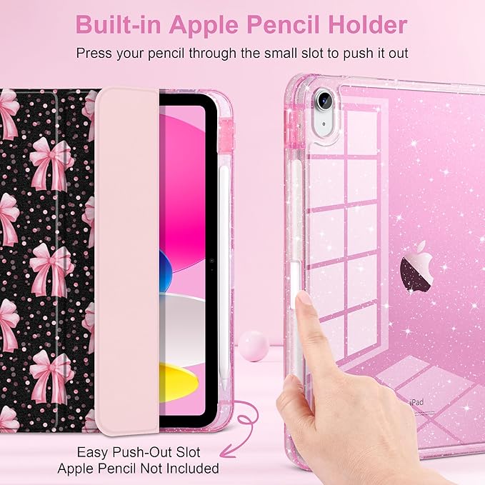 DONGKE for iPad Pro 11 inch Case – Fits M5 2025 / M4 2024 Shockproof Sparkling Glitter Acrylic Back Pencil Holder Trifold Stand Auto Sleep/Wake &amp Touch ID Support - Pink Bows