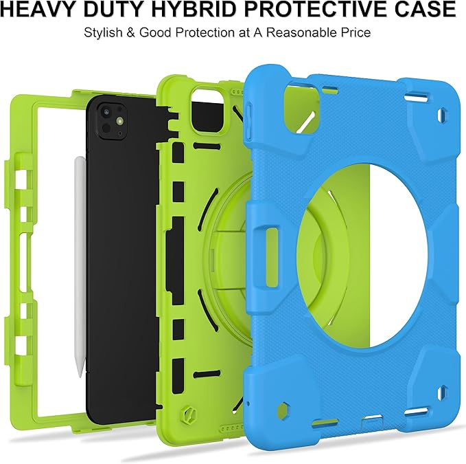 Case for iPad Pro 11 Inch M4 2024/M5 2025 Case Heavy Duty Shockproof Cover with Screen Protector/360° Rotate Stand/Shoulder Strap/Pencil Holde (Blue+Green iPad Pro M4/M5 11 inch)