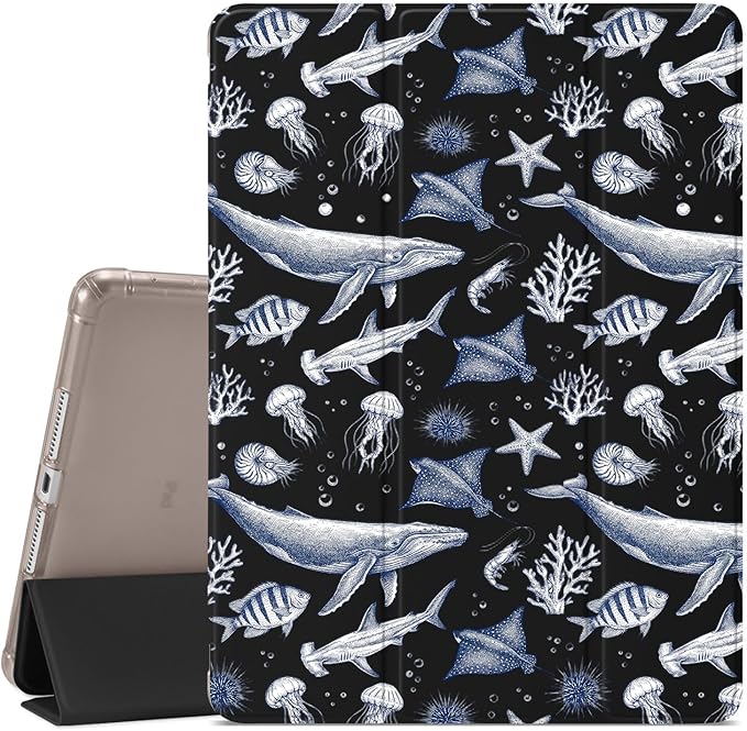 Blue Whale Case for iPad Air 13 (M3) 2025 / (M2) 2024 / iPad Pro 12.9 2022/2021 Aesthetic Ocean Sea Animal CasePencil Holder &amp Clear Back &amp Trifold Stand Cover for Women