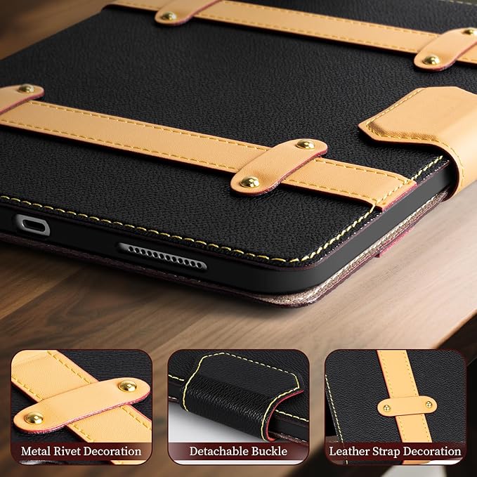 iPad Case for iPad Pro 13 Inch (M5/M4) 2025/2024Leather Folio Cover with Pencil HolderAuto Wake/Sleep Adjustable StandDetachable Magnetic Closure Protection Case-Multiple Straps Black
