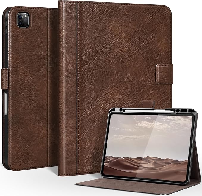 Genuine Leather Case for iPad Pro 12.9 Inch Folio Cover with Pencil Holder Auto Wake/Sleep &amp Adjustable Stand for 6th/5th/4th/3rd Generation (2022-2018) - Vintage Dark Brown