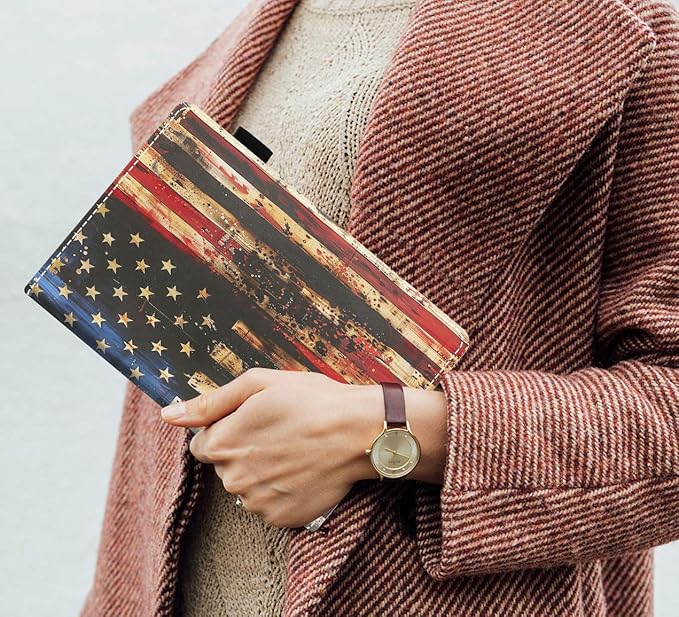 Case for Amazon Kindle Fire 7 Tablet (7 9th/7th Generation 2019/2017 Release) Slim PU Leather Cover with Card Slot &amp Auto Wake/Sleep Retro Wooden American Flag