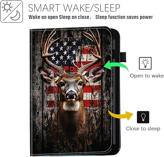 Case for Samsung Galaxy Tab S9 FE 5G 10.9 Inch/Tab S9 11 Inch 2023Wallet PU Leather Folio Cover Multi-Angle Stand with Auto Wake/SleepRustic American Flag Deer