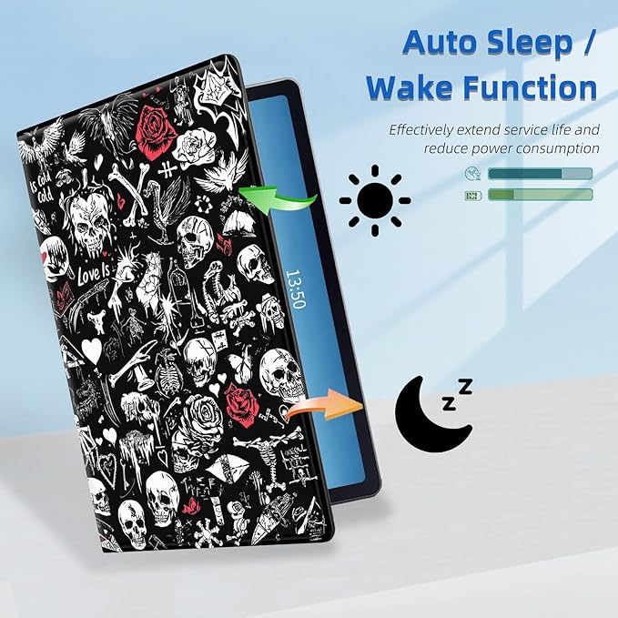 for Samsung Galaxy Tab S9+ Plus 12.4 Tablet 2023 Case–PU Leather Folio Cover with Auto Sleep/WakeStand - Style Shockproof Protective Case for Galaxy Tab S9+Skulls Red Roses Flowers