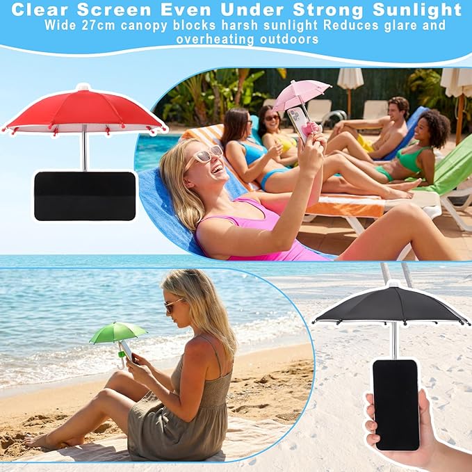 16 Sets Phone Umbrella Sun Shade Bulk with Adjustable Fist Hand Suction Cup Stand Universal Cell Phone Umbrella Sun Shield Mobile Holder for Summer Outdoor Beach Pool Travel UV Protection