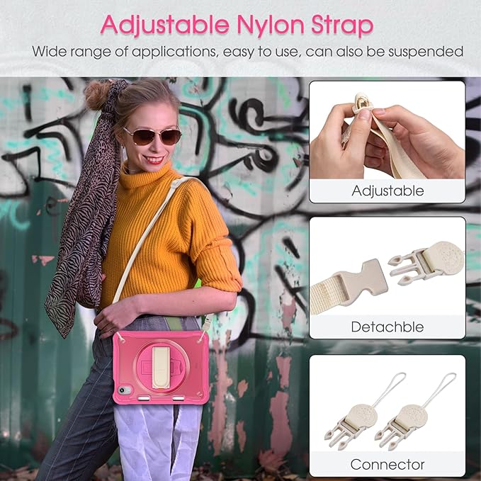 BRAECNstock Case for iPad mini 7 (A17 pro) 2024 &amp Mini 6 2021 8.3-inchShockproof Protective Cover with Pencil HolderScreen Protector360° Rotating Hand Strap/Stand-Rose Red