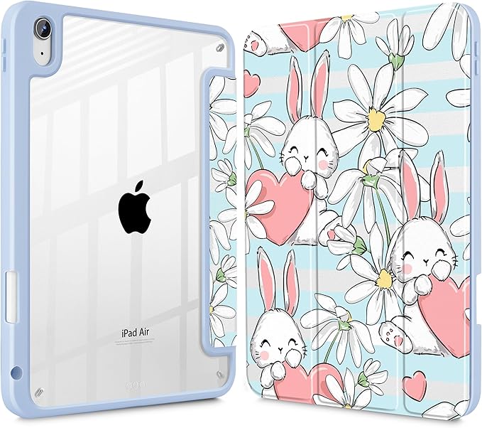 May Chen for iPad Air 11-inch M4/M3/M2 (2026/2025/2024) iPad Air 5th/4th 10.9 Inch - Shockproof Cover with Clear Back Shell &amp Penceil Holder Auto Wake/Sleep Stand Cover Heart Rabbits