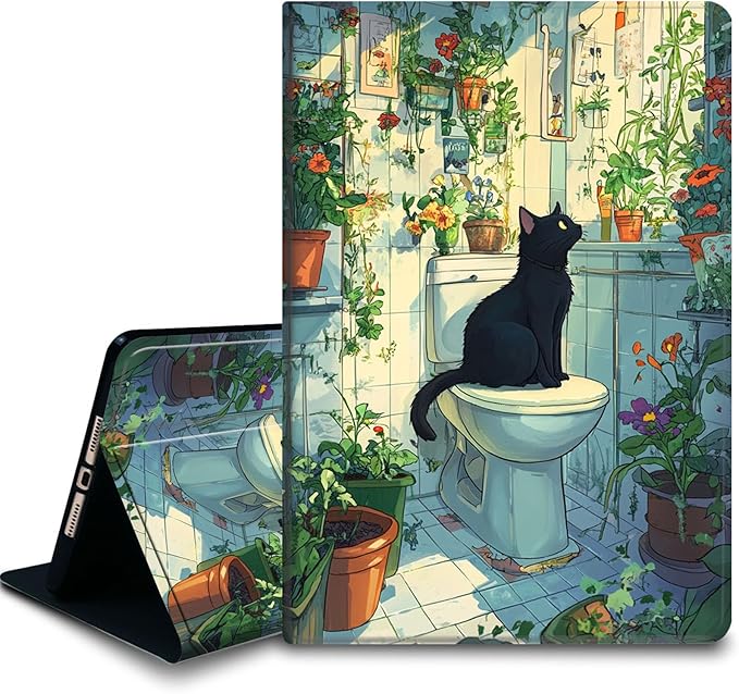 Bxgolkgd Tablet Case for 6 Kindle 11th Generation (2024/2022 Release)Shockproof Stand Cover with Heat DissipationAuto Wake/Sleep FunctionBlack Cat Toilet Plant Art