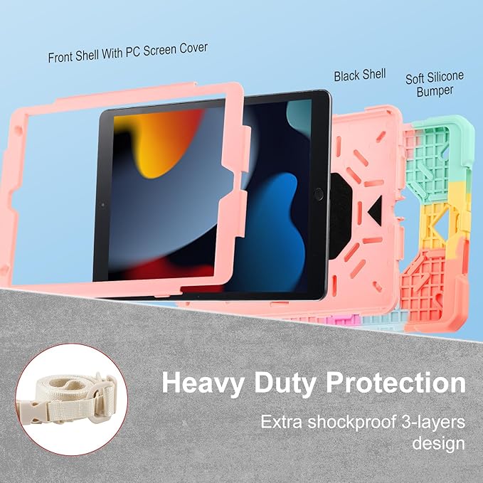 Case for iPad 9th Generation (2021) /iPad 8th Gen (2020)/iPad 7th Gen (2019) Military Grade Shockproof iPad Case Built-in 360°Rotating Stand/Pen Slot/Shoulder Strap for iPad 10.2 (Rainbow Pink)