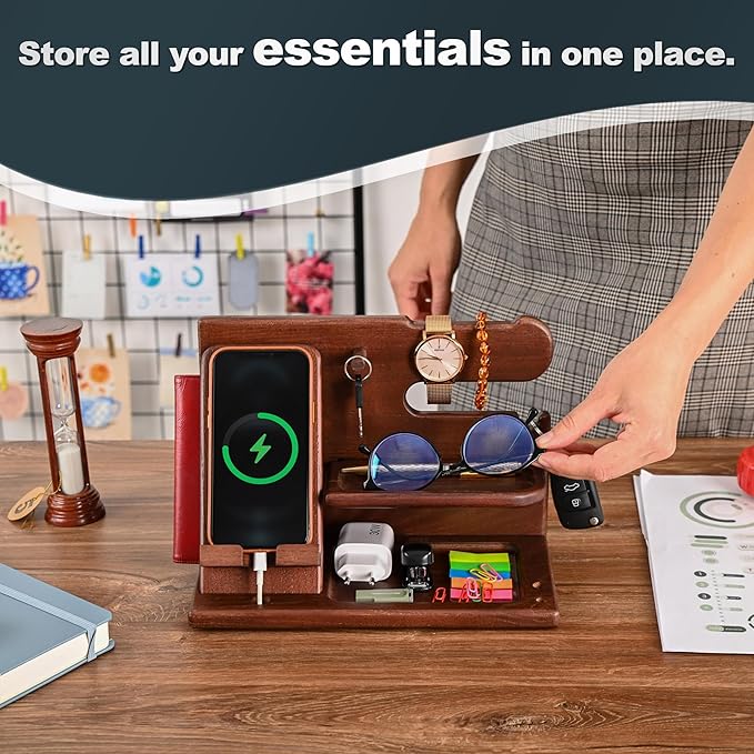 TESLYAR Wood Phone Docking Station for Men - Desk or Nightstand Organizer - Birthday Gifts for Husband or Dad - Anniversary Idea from Wife - Key Holder - Stand Wallet Watch &amp Essentials (Chestnut