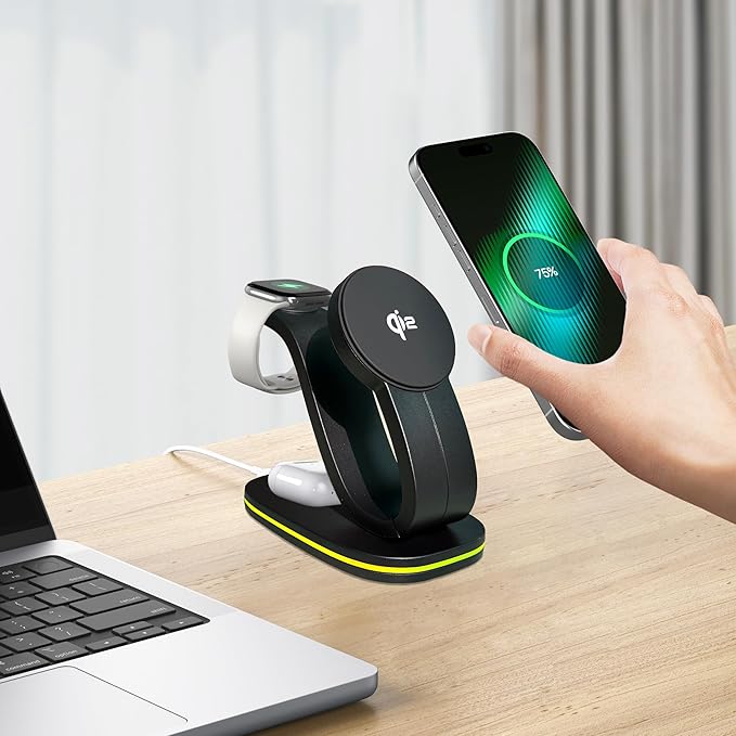 Wireless Charging Station Qi2 15W 4-in-1 Charger Station for iPhone 17/16/15/14/13/12 Series Watch Airpods 1-8/Ultra iPad AirPods (Black 4 in 1)