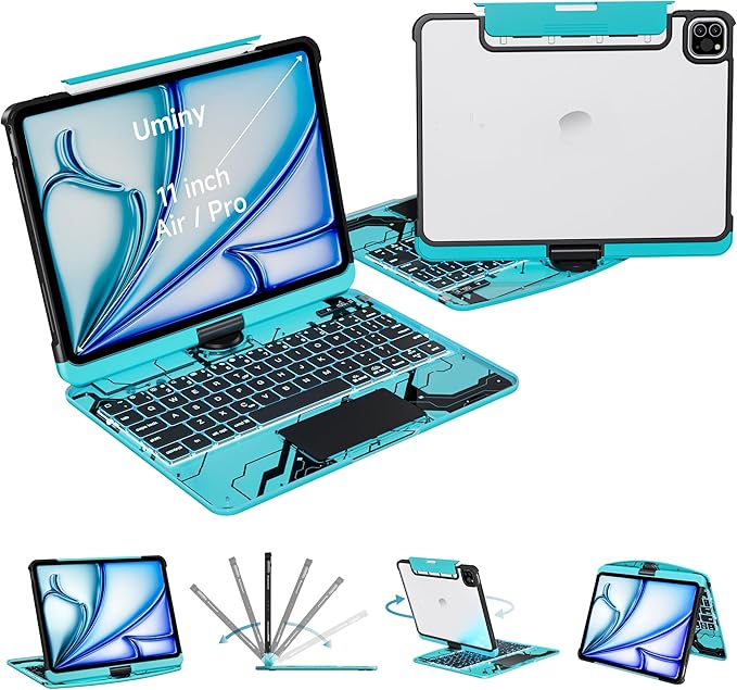 Transparent Keyboard Case for iPad Air 11 (M3 2025/M2 2024) Air 5th/4th Gen 10.9 &amp iPad Pro 11 (4th-1st) - Multi-Touch Trackpad 360° Rotating Stand 7-Color Backlit Pencil HolderBlue