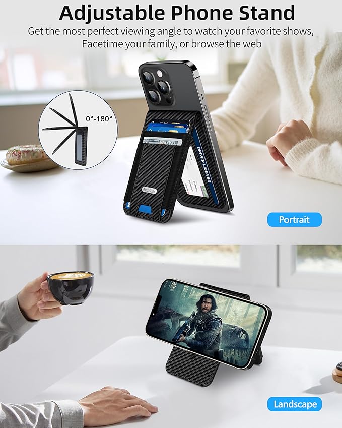 For Magsafe Wallet Stand Strongest Magnetic Wallet for iPhone 17/16/15/14/13/12 Series ID Window 4 Card Slots Fit 9 Cards Vegan Leather RFID Blocking Black Carbon Fiber