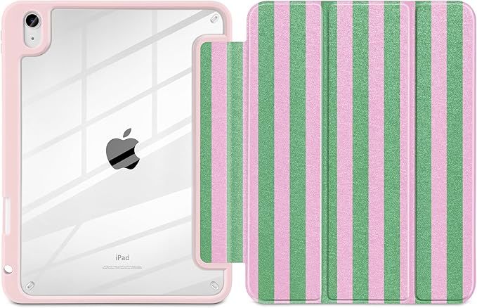 DONGKE Case for iPad (A16) 11th Generation 11 inch 2025 &amp iPad 10th Gen 10.9 inch 2022 [Built-in Pencil Holder] Clear Acrylic Back Trifold Stand Smart Cover Auto Sleep/Wake Green Stripes