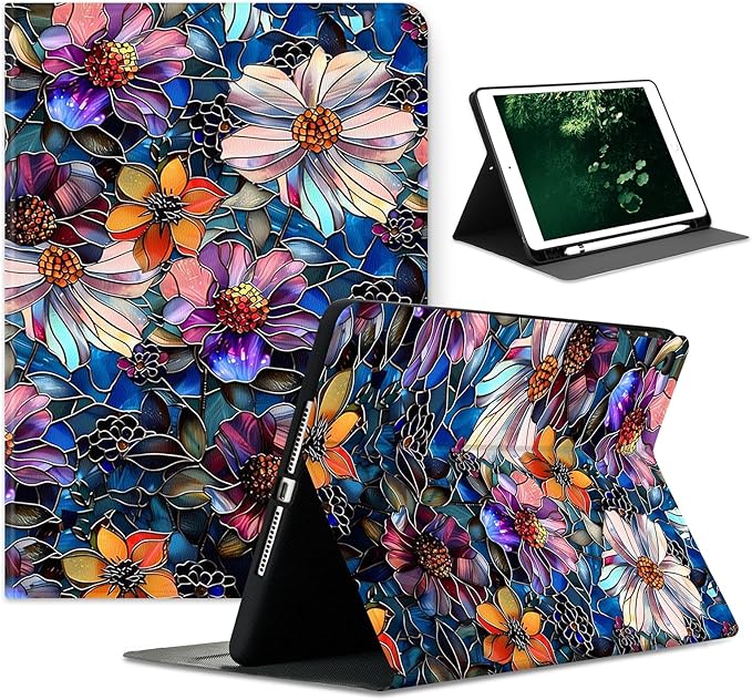 Compatible with iPad Air 13 inch Case (M3 2025 /M2 2024)/12.9 inch Case (6th/5th/4th/3rd 2022/2021/2020/2018) with Pencil HolderAuto Wake/Sleep Protect CoverArtistic Stained Glass Floral