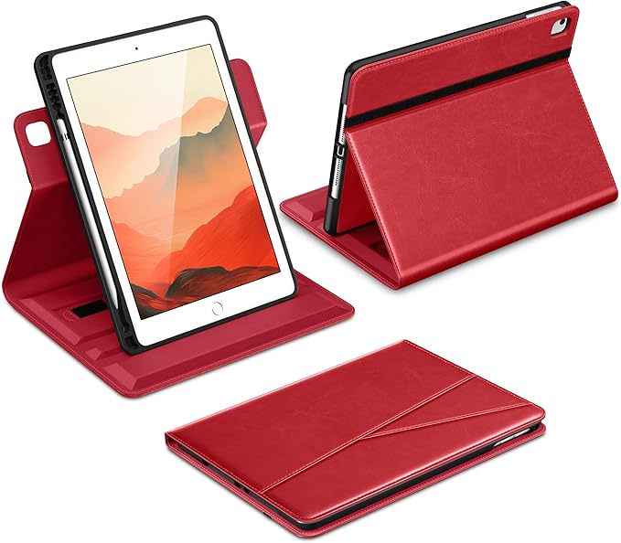 DTTO for iPad 6th / 5th Generation 9.7 Inch (2018/2017) iPad Air 2 / Air 1 Case 360 Degree Rotating Premium Leather Folio Stand Cover with Pencil Holder Red