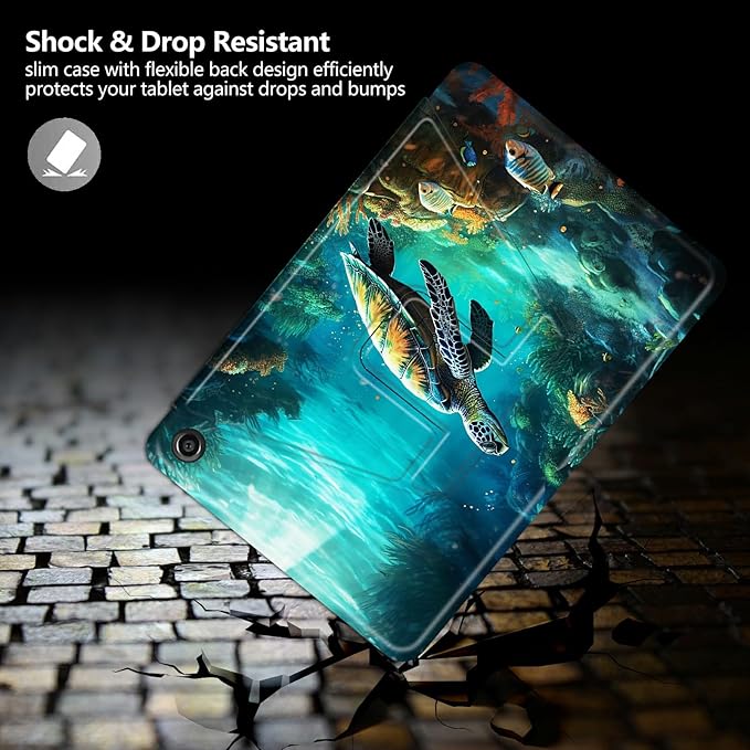 Case for Kindle Fire HD 8 Tablet (8th/7th/6th Generation 2018/2017/2016 Release) Turtle Swimming Theme 360 Degree Rotating Stand Protective Cover with Auto Sleep/Wake for HD 8 Tablet