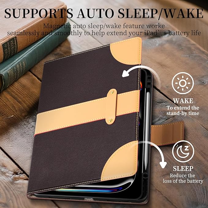 iPad Case for iPad Pro 13 Inch (M5/M4) 2025/2024Leather Folio Cover with Pencil HolderAuto Wake/Sleep Adjustable StandMagnetic Buckle Closure Protection Case-Single Strap Dark Brown