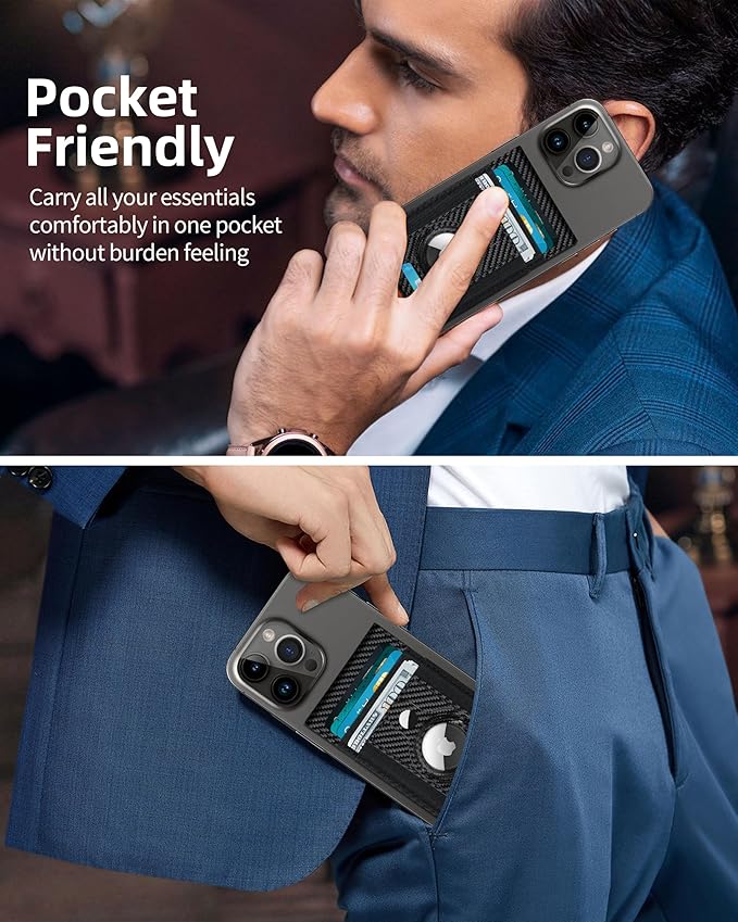 For Magsafe Wallet Stand with Airtag Holder Strongest Magnetic Wallet for iPhone 17/16/15/14/13/12 Series ID Window 4 Card Slots 10 Cards Holder Vegan Leather RFID Blocking Black Carbon Fiber