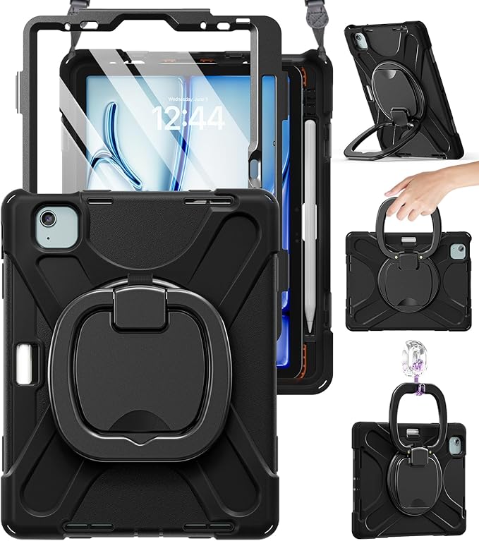 BRAECN for iPad Air 11 Inch Case M4 2026/M3 2025/M2 2024 iPad Air 10.9 5th/4th Gen iPad Pro 11 4th/3rd/2nd/1st Kids Cover with Screen Protector Pencil Holder Shoulder Strap Handle &amp Kickstan