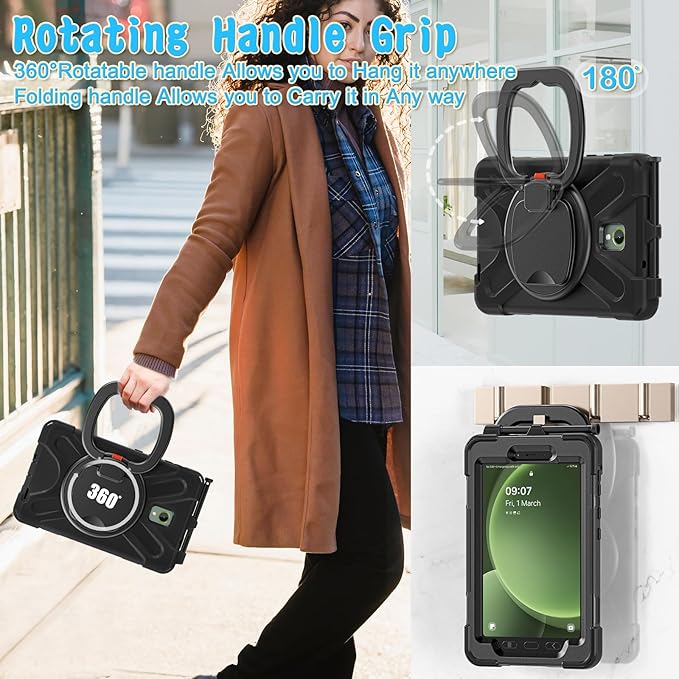 Rugged Case for Samsung Galaxy Tab Active5 5G (SM-X306B/X300) w/ 360° Rotating Hanging Ring Handle Grip Kickstand Heavy Duty Shock-Proof Armor Cover w/Shoulder Strap Stylus Holder (Black)