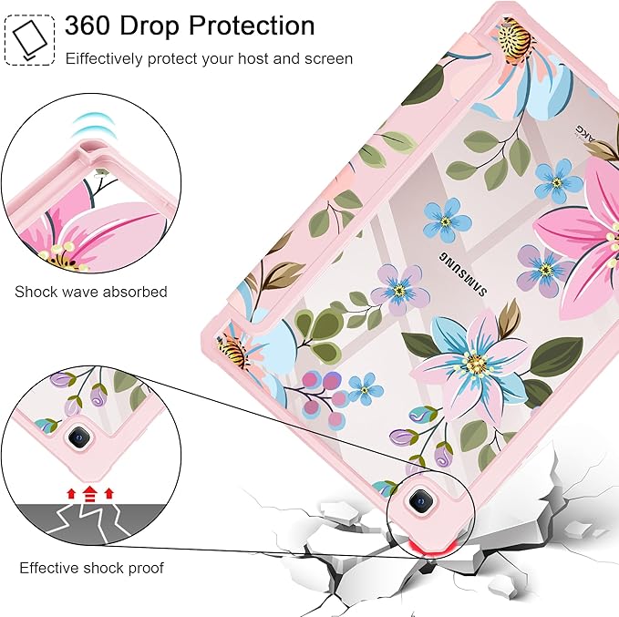 Tuiklol for Samsung Galaxy Tab S6 Lite 10.4 inch 2024 2022 2020Buit in S Pen Holder with Shockproof Protective Cover Clear Transparent Back Shell Auto Wake/Sleep Tones Flowers