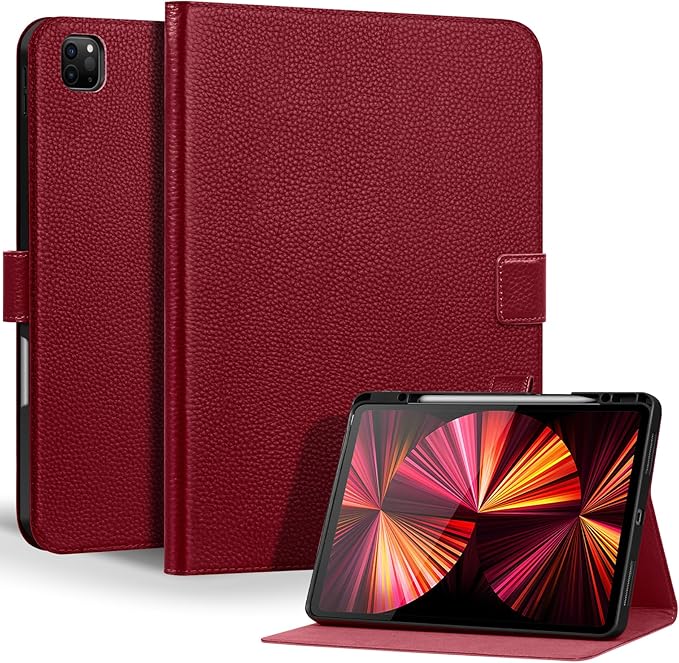 Genuine Leather Case for iPad Pro 12.9 inch 6th/5th/4th/3rd Generation 2022/2021/2020/2018 | with Pencil Holder and Adjustable Stand Magnetic Closure Auto Wake/Sleep Cover | Wine Red