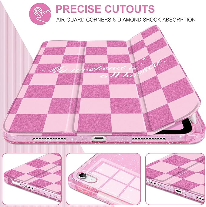 DONGKE for iPad Pro 11 inch Case – Fits M5 2025 / M4 2024 Shockproof Sparkling Glitter Acrylic Back Pencil Holder Trifold Stand Auto Sleep/Wake &amp Touch ID Support - Pink Checkerboard