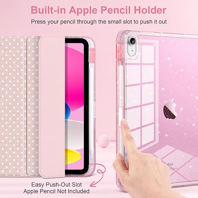 MEEgoodo Case for iPad A16 11th Generation 2025/10th Generation 2022 Glitter Tablet Cases with Transparent Acrylic Back+Trifold Stand +Pencil Holder+Auto Wake/SleepBlush Pink &amp Polka Dots