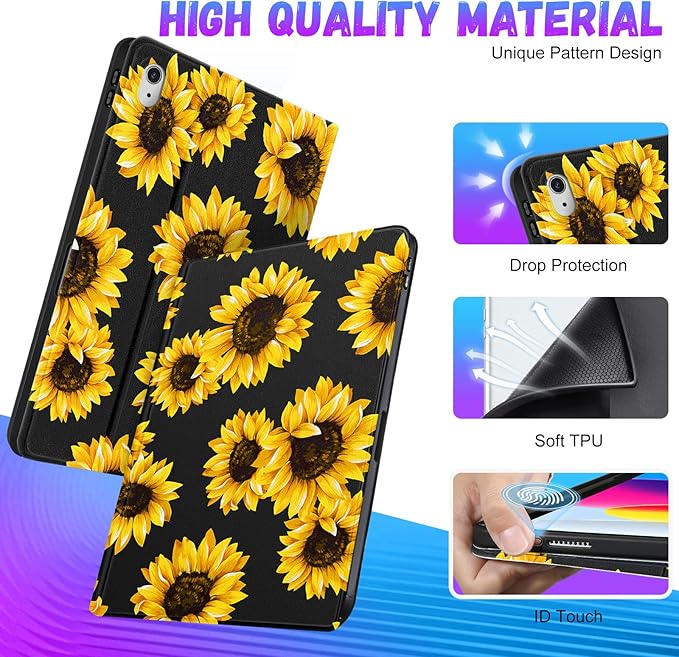 for iPad 10th Generation Case 10.9 Inch for iPad 11th(A16) 2025 Girls Cute Women Folio Cover Pencil Holder Sunflower Aesthetic Design Girly Kawaii Teens Unique Tablet Cases for Apple 10/11
