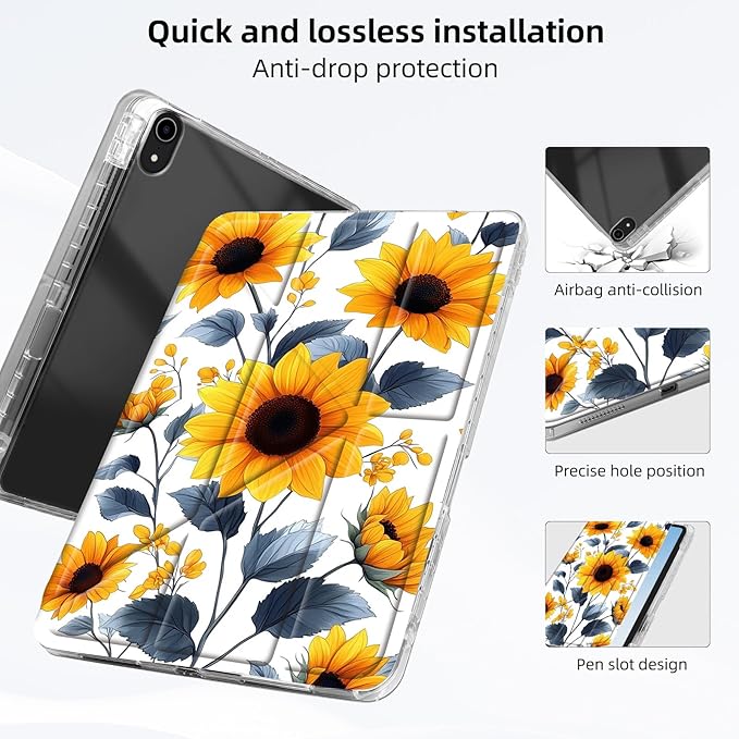 for iPad mini 7 A17 Pro 2024/iPad Mini 6 2021 Case with Pencil HolderFoldable Y-Shaped CoverStylish Clear Multi-Angle Viewing&ampAuto Sleep/Wake Sunflower Blue Leaves Tablet Case