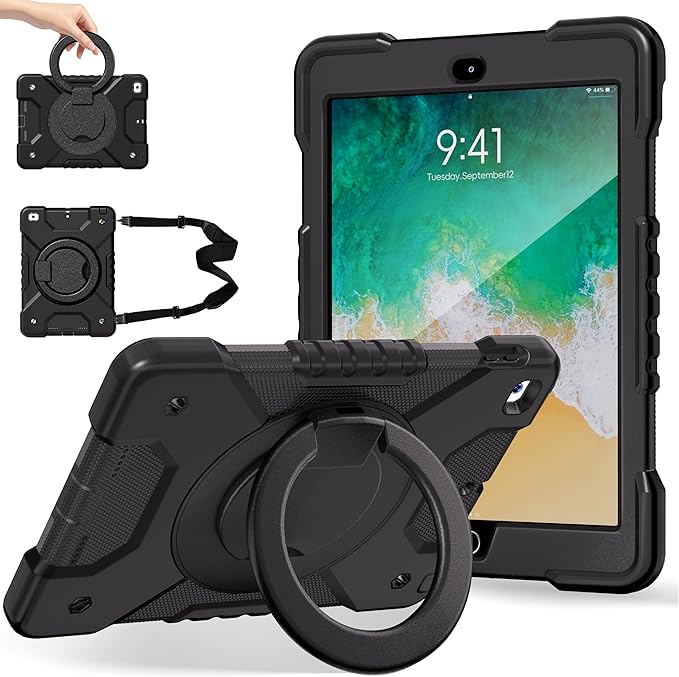 Case for iPad 6th/5th Generation 9.7 inch 2018/2017 Case iPad Air 2/Pro 9.7 inch Heavy Duty Protective Cover with 360° Rotate Handle Stand Pencil Holder Shoulder Strap (Black)