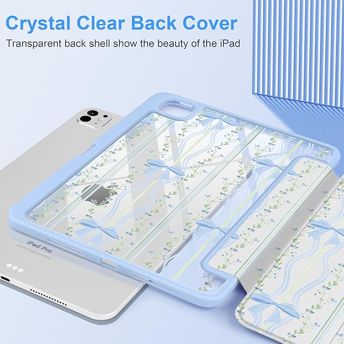 TWOLSKOO Case for iPad Pro 11-inch (M5 2025 / M4 2024) Clear Acrylic Back with TPU Bumper Pencil Holder Trifold Stand Auto Sleep/Wake Wavy Stripes &amp Bows
