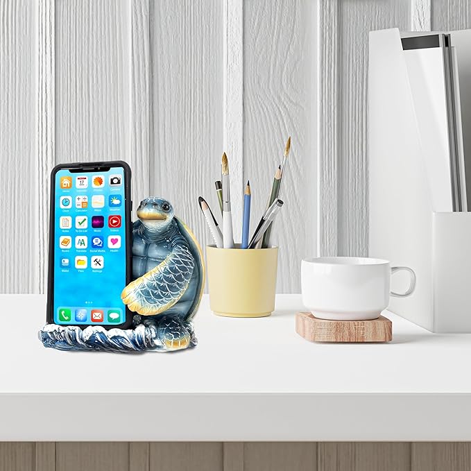 Handcrafted Sea Turtle Cell Phone Stand for Desk - Nautical Coastal Decor Sturdy Resin Phone Stand Beachy Marine Style - Symbol of Wisdom Protection &amp Longevity Universal Phone Compatibility