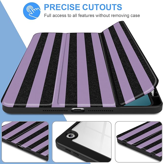 DONGKE for iPad 9th/8th/7th Generation Case 10.2 Inch (2021/2020/2019) [Auto Sleep/Wake &amp Pencil Holder] Clear Acrylic Back Trifold Stand Cover Purple Stripes