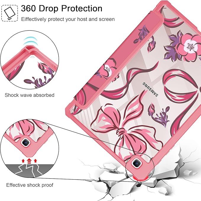 Mektron Case for Samsung Galaxy Tab S6 Lite 10.4 Inch 2024/2022/2020 with S Pen Holder Multi-Angle Viewing with Shockproof Cover Clear Shell + Trifold Stand + Auto Wake/Sleep Flowers-Bows-Red