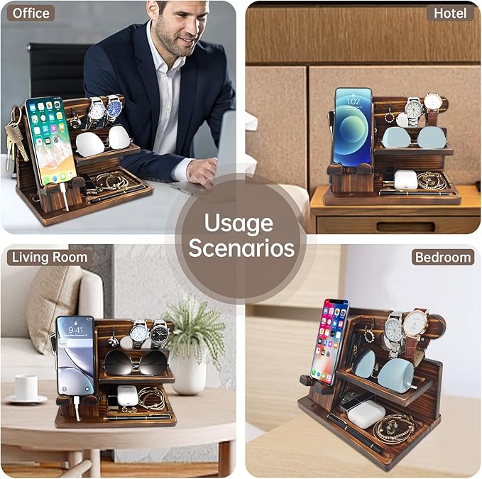 Nightstand Organizer with Phone Docking Station and Desk Organizer - Brown Wooden Gift for Men and Dad