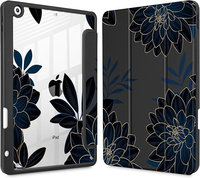 for iPad 9th Generation with Pencil Holder iPad 8th/7th Gen Case 10.2-inch [Built in Pencil Holder] Trifold Stand Auto Wake/Sleep Clear TPU Protection Back Cover Flower Dahlia