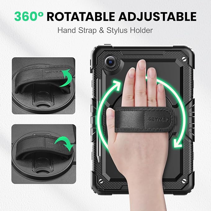 SEYMAC Case for Lenovo Tab M11/K11 11 Inch Heavy Duty Shockproof Protective Case with Screen Protector 360° Rotating Stand Hand/Shoulder Strap and Pen Holder Black