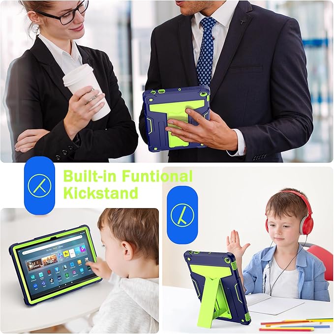 Case for Amazon Fire HD 10 Tablet 10.1 Inch Display (13th Generation 2023 Released) - Heavy Duty Hybrid Kickstand Case Cover + 1 Screen Protector and 1 Random Stylus (Navy Blue/Green)