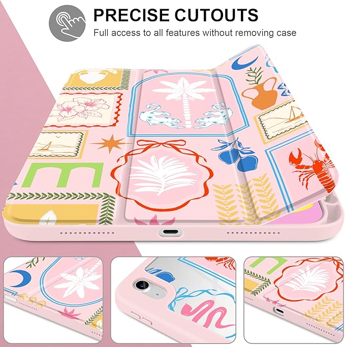 Case for iPad (A16) 11th Generation 11 inch 2025 /iPad 10th Gen 10.9 2022- Cute Patterns Pink Cover with Clear Back Shell Auto Wake Sleep Trifold Stand &amp Pencil Holder Creative Collage