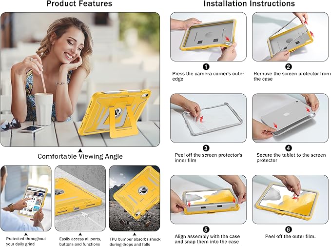 Soke Case for iPad (A16) 11th Generation 11-Inch 2025 /10th Generation 10.9-Inch 2022 with Screen Protector and Multi-Angle Kickstand Rugged Full Body Heavy Duty Protective Cover - Gray Yellow